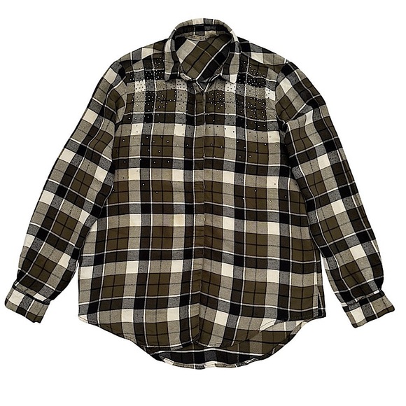 Zara Basic Plaid Button-Down Rhinestone Embellished Top Blouse Shirt, Size, M - Picture 1 of 9